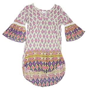 Umgee Bohemian Dress‎ Bell Sleeve Diamond Print Tunic Top Small